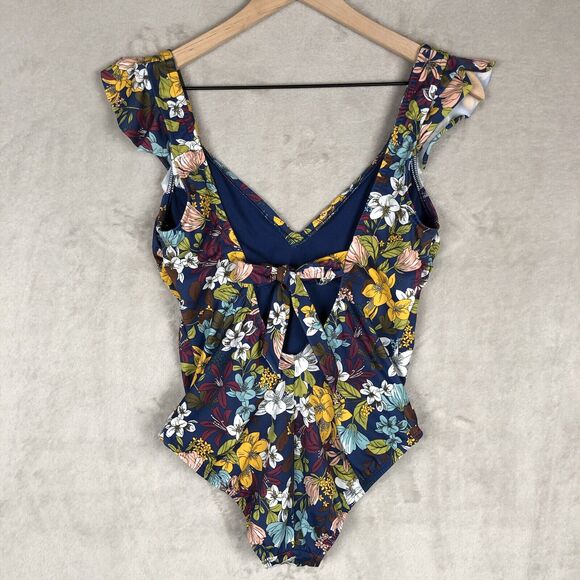BEACH BETTY Miracle Brands Estilo Swimsuit Sz S Blue Floral Flutter Strap Tie - Picture 2 of 9